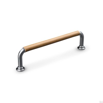 Oblong furniture handle Burano Swept 128 Brushed Silver with Light Brown Leather