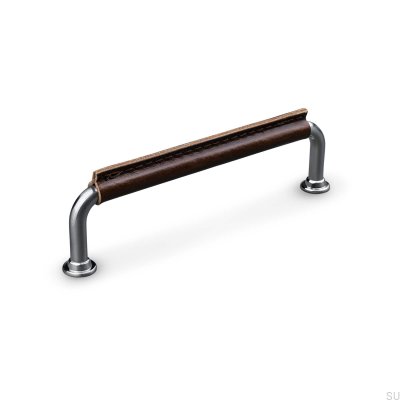 Oblong furniture handle Burano Stitched 128 Silver Brushed Brown Leather