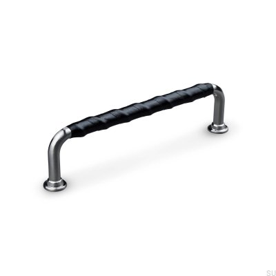Burano Wrapped 128 oblong furniture handle, brushed silver with black leather
