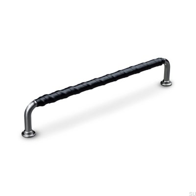 Oblong furniture handle Burano Wrapped 192 Brushed Silver with Black Leather