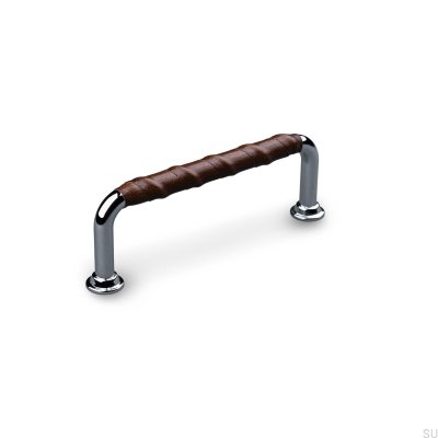 Burano Wrapped 96 oblong furniture handle, Polished Chrome with Brown Leather