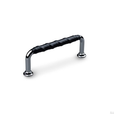 Burano Wrapped 96 oblong furniture handle, Polished Chrome with Black Leather