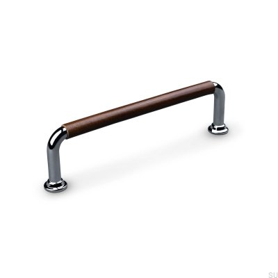 Oblong furniture handle Burano Swept 128 Polished Chrome with Brown Leather