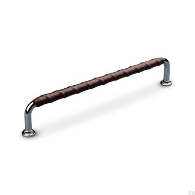 Oblong furniture handle Burano Wrapped 192 Polished Chrome with Brown Leather
