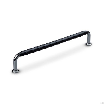Burano Wrapped 192 oblong furniture handle, Polished Chrome with Black Leather