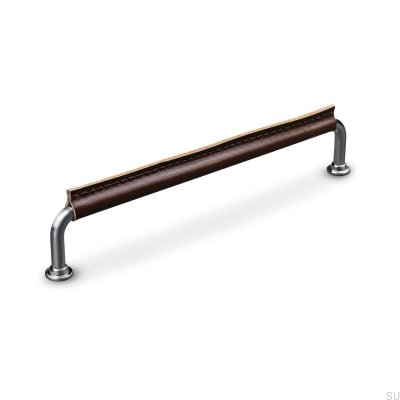 Oblong furniture handle Burano Stitched 192 Brushed Silver with Brown Leather