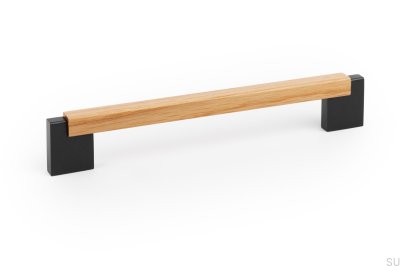 Oblong furniture handle Duo Mini 160, Oak wood with Black Aluminum