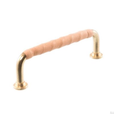 Oblong furniture handle LL 1353 128 Polished brass with natural leather