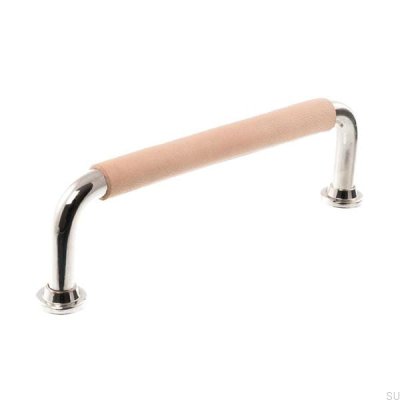 Oblong furniture handle LS 1353 128 Polished nickel with natural leather