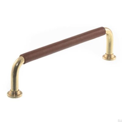 Oblong furniture handle LS 1353 96 Polished brass with brown leather