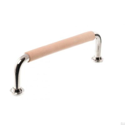 Oblong furniture handle LS 1353 96 Polished nickel with natural leather