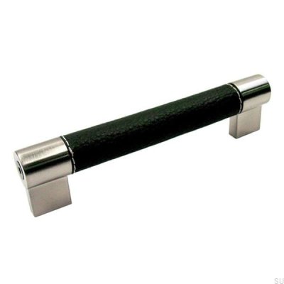 Elongated furniture handle 1700 128 Brushed nickel with black leather