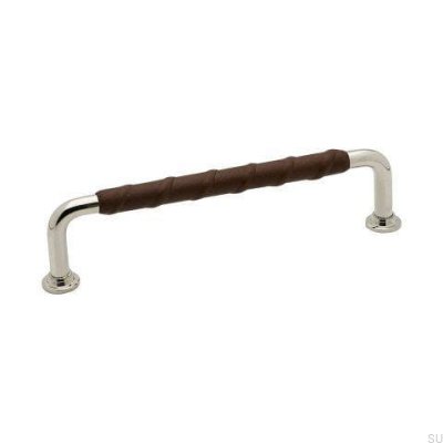 Elongated furniture handle 1353 128 Silver Polished Nickel Natural brown leather