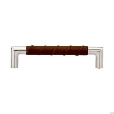 Oblong furniture handle Standard 12 128 Brown Leather. Stainless steel