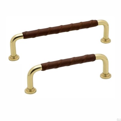 Elongated furniture handle 1353 128 Gold Brass Polished Brown natural leather