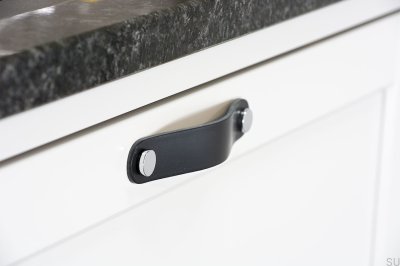 Round furniture handle Loop Round 128, black leather with copper