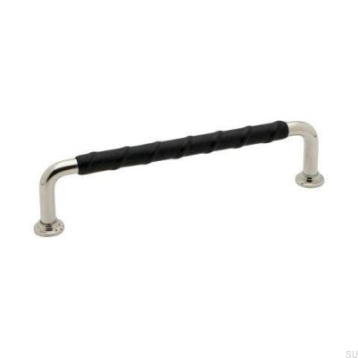 Elongated furniture handle 1353 128 Silver Nickel Polished Black natural leather