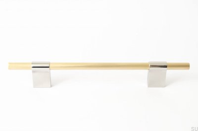 Line Mix 128 oblong furniture handle. Brass, brushed unpainted, with polished steel