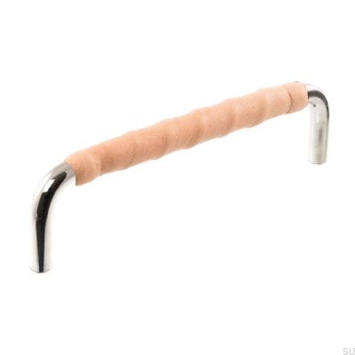 Oblong furniture handle LL 7353 96 Polished nickel with natural leather