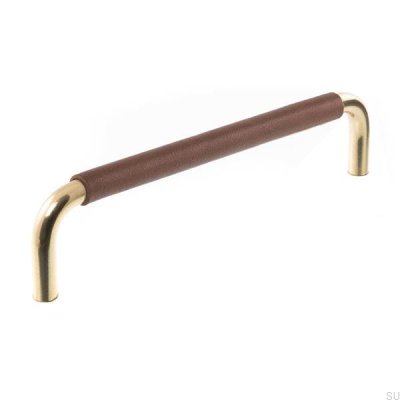 Oblong furniture handle LS 7353 96 Polished gold with brown leather