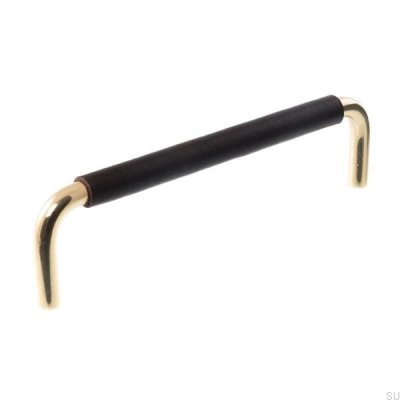 Oblong furniture handle LS 7353 96 Polished gold with black leather