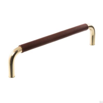 Oblong furniture handle LS 7353 128 Polished gold with dark brown leather