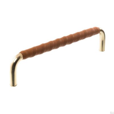 Oblong furniture handle LL 7353 128 Polished gold with brown leather