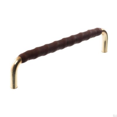 Oblong furniture handle LL 7353 128 Polished gold with dark brown leather