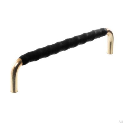 Oblong furniture handle LL 7353 128 Polished gold with black leather