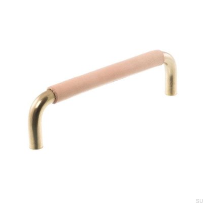 Oblong furniture handle LS 7353 128 Polished gold with natural leather