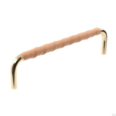 Oblong furniture handle LL 7353 128 Polished gold with natural leather