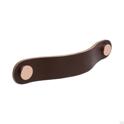 Elongated furniture handle Loop Round 128, leather, brown with copper