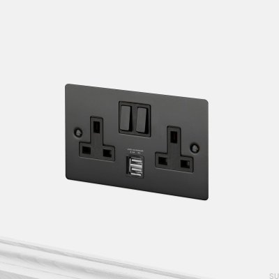 Dual USB 3.1A Type G UK 2G Socket Steel Black British Standard