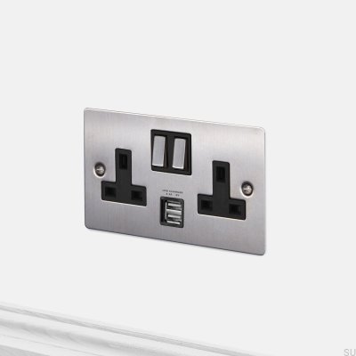 Dual USB 3.1A Type G UK 2G Socket Steel Silver British Standard