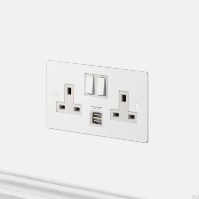 Dual USB 3.1A Type G UK 2G Socket Steel White British Standard