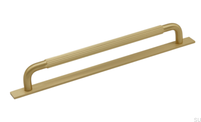 Elongated furniture handle with a Helix Stripe washer 224 Gold Brushed