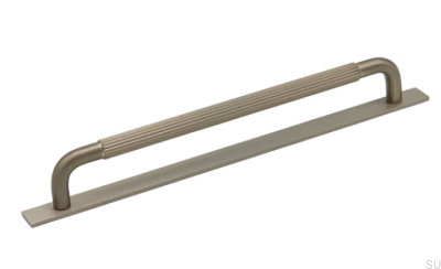 Elongated furniture handle with Helix Stripe 224 washer, Brushed Silver