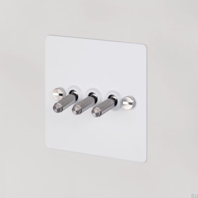 Triple Switch Cross 3G Steel White with Silver British Standard