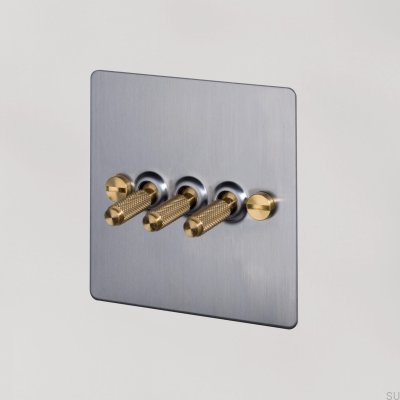 Triple Switch Cross 3G Steel Silver with Brass British Standard
