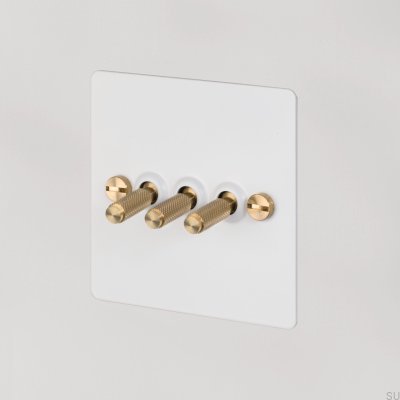Triple Switch Cross 3G Steel White with Brass British Standard