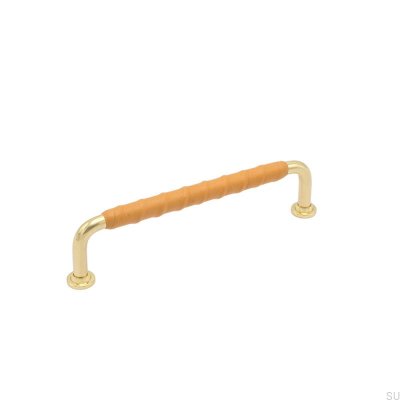 Elongated furniture handle 1353 128 Polished Brass Natural Leather
