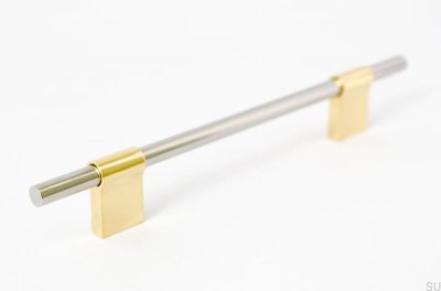 Elongated furniture handle Line Mix 128 Polished steel with polished brass