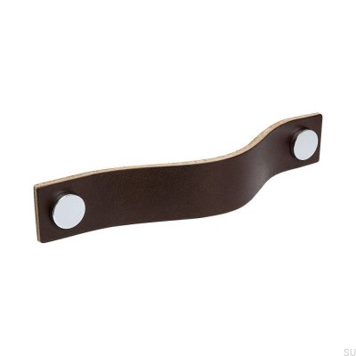 Elongated furniture handle Loop 128 Leather Brown with Chrome