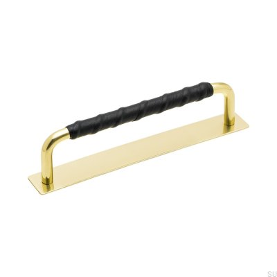 Elongated furniture handle with a pad Royal Deluxe 128 Brass Black Leather