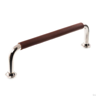 Oblong furniture handle LS 1353 96 Polished Nickel with Dark Brown Leather