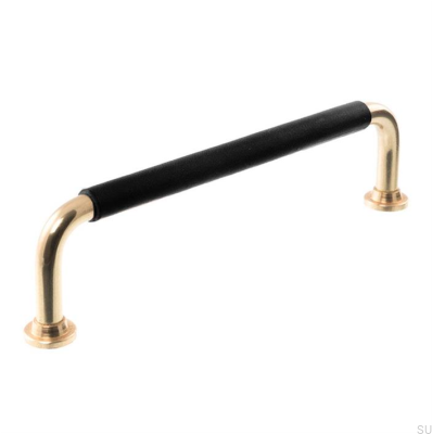 Oblong furniture handle LS 1353 96 Polished Brass with Black Leather
