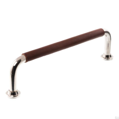 Oblong furniture handle 1132LS 1353 128 Polished Nickel with Brown Leather