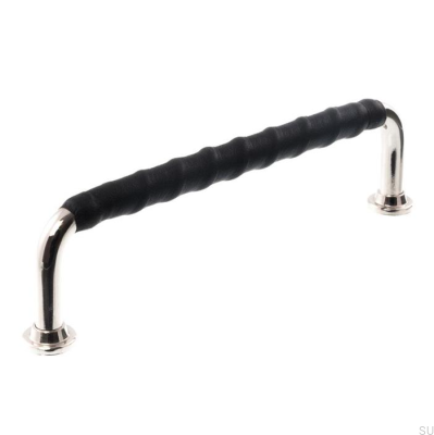 Oblong furniture handle LL 1353 128 Polished Nickel with Black Leather