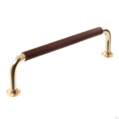 Oblong furniture handle 0132LS 1353 128 Polished Brass with Brown Leather