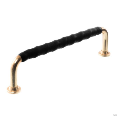 Oblong furniture handle LL 1353 128 Polished Brass with Black Leather